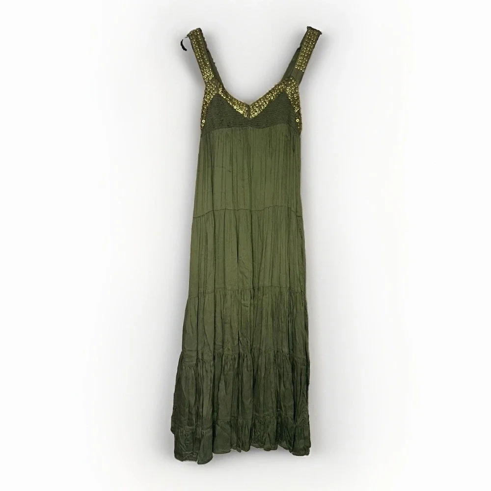 Free People Isadora Maxi Dress XS Olive Satin Gold Sequin Boho Summer